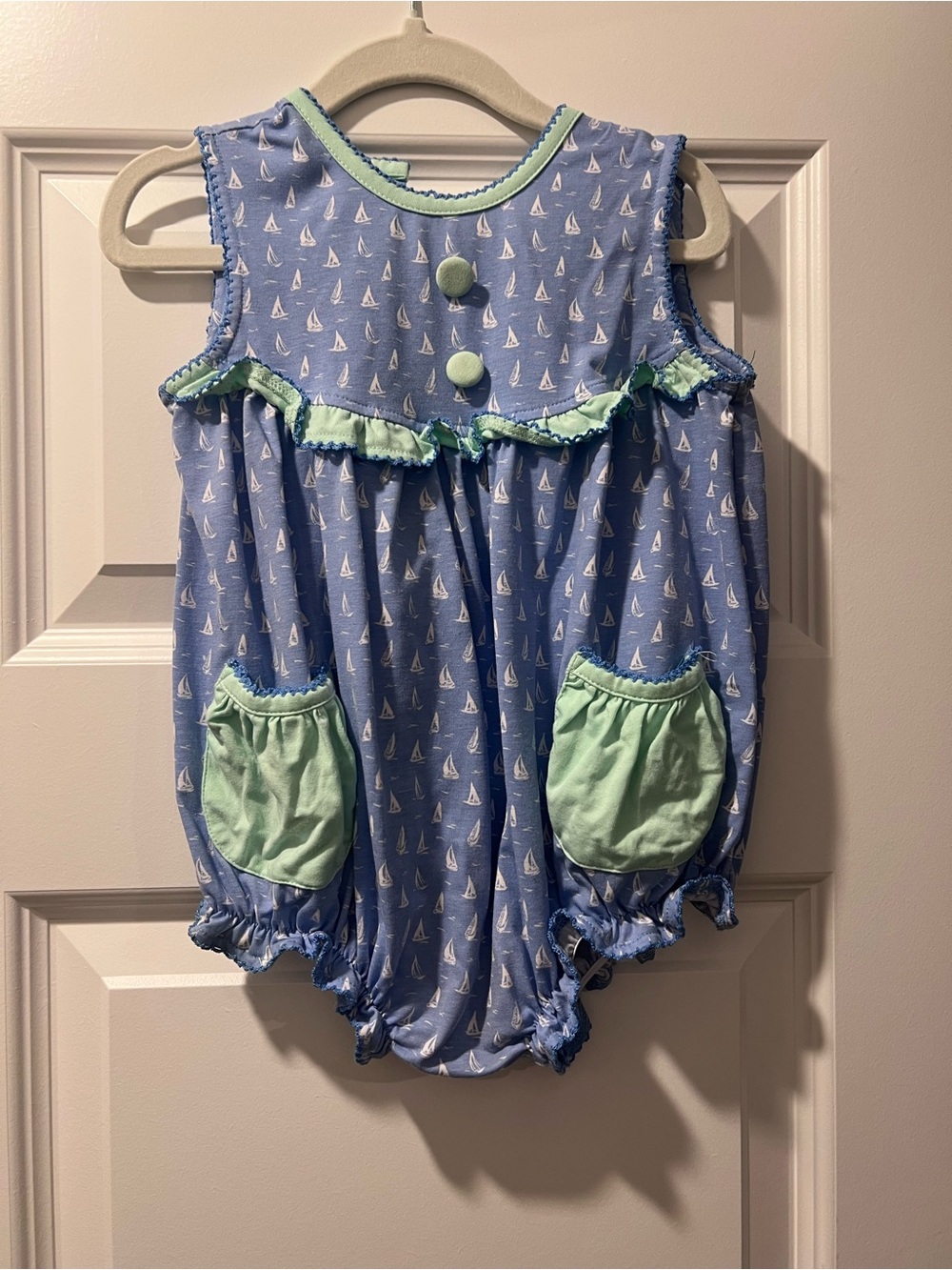 Blue Sailboat Print Baby Girl Bubble with Mint Trim